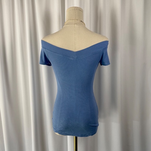Vintage Y2k Bebe Rhinestone Logo Off The Shoulder Ribbed Top Blue - Picture 4 of 5